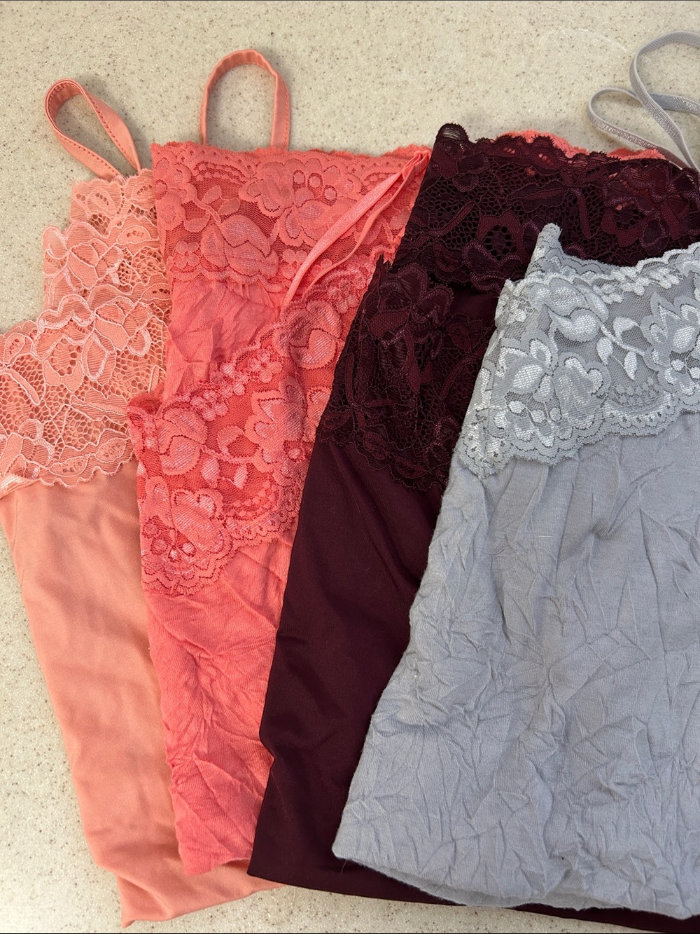 Maurices Lace Trim Camisole Set in Coral, Peach, Burgundy, and Light Gray
